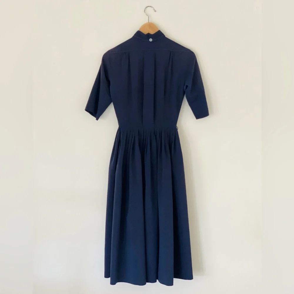 Gorgeous Vintage 1950s Crisp Navy Cotton Shirtwaist Dress XXS - Picture 2 of 3